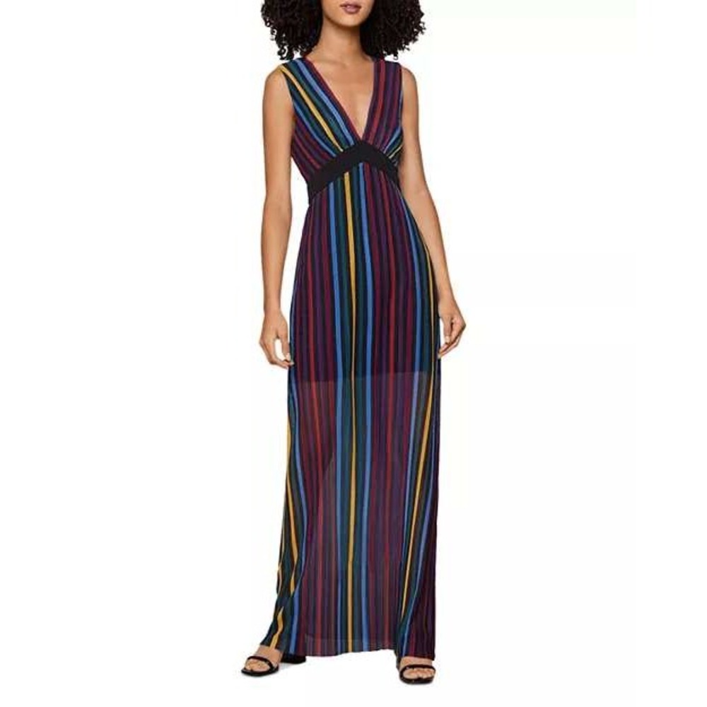 BCBGMaxAzria Dress Women's 8 Rainbow Multicolor‎ Stripe Sheer V-Neck Maxi Chic